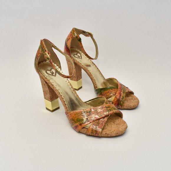 Sz 8 Cork & Gold Block Open-toe Block Heel - Picture 2 of 10